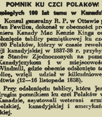 Wycinanka prasowa o odsłonięciu tablicy pamiątkowej ku czci 200 Polaków, którzy pomagali Kanadyjczykom podczas rewolucji 1887-88. Wydarzenie miało miejsce w Windmill, z udziałem weteranów polskich, kanadyjskich i amerykańskich.