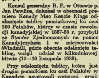 Wycinanka prasowa o odsłonięciu tablicy pamiątkowej ku czci 200 Polaków, którzy pomagali Kanadyjczykom podczas rewolucji 1887-88. Wydarzenie miało miejsce w Windmill, z udziałem weteranów polskich, kanadyjskich i amerykańskich.