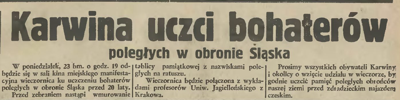 Extrait de journal 'Dziennik Polski' de 1939, annonçant un événement commémoratif à Karwina pour honorer ceux qui sont morts en défendant la Silésie. Il mentionne le dévoilement d'une plaque commémorative à l'hôtel de ville.