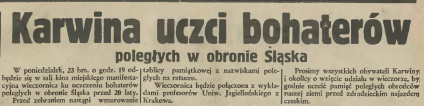 Fragment gazety 'Dziennik Polski' z 1939 roku, zapowiadający wieczornicę w Karwinie ku czci poległych w obronie Śląska. Wspomina o odsłonięciu tablicy pamiątkowej w ratuszu.
