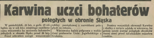 Fragment gazety 'Dziennik Polski' z 1939 roku, zapowiadający wieczornicę w Karwinie ku czci poległych w obronie Śląska. Wspomina o odsłonięciu tablicy pamiątkowej w ratuszu.