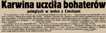 Artykuł prasowy zatytułowany 'Karwina uczciła bohaterów poległych w walce z Czechami'. Opisuje uroczystości w Karwinie, w tym nabożeństwo i planowane wmurowanie tablicy w 1939 roku.