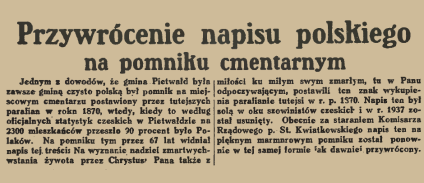 Artykuł prasowy zatytułowany 'Przywrócenie napisu polskiego na pomniku cmentarnym' omawiający przywrócenie polskiego napisu na krzyżu w Pietwałdzie, usuniętego w 1937 i przywróconego w 1939.