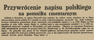 Artykuł prasowy zatytułowany 'Przywrócenie napisu polskiego na pomniku cmentarnym' omawiający przywrócenie polskiego napisu na krzyżu w Pietwałdzie, usuniętego w 1937 i przywróconego w 1939.