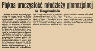 Artykuł prasowy zatytułowany 'Piękna uroczystość młodzieży gimnazjalnej w Boguminie' opisujący odsłonięcie popiersia Adama Asnyka w gimnazjum w Boguminie, wykonanego przez rzeźbiarza S. Majchrzaka z Krakowa.