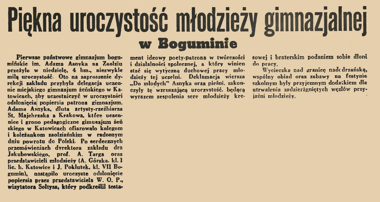 Newspaper article titled 'Beautiful Ceremony of Gymnasium Youth in Bogumin' describing the unveiling of a bust of Adam Asnyk at the Bogumin gymnasium, created by sculptor S. Majchrzak from Krakow.