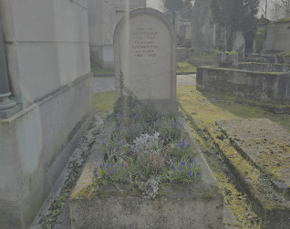 Nagrobek Adolphe’a i Christiane Suchestowów z półokrągłym szczytem i inskrypcją, otoczony roślinami. Cokół wypełniony ziemią, obramowany kamienną ramą.