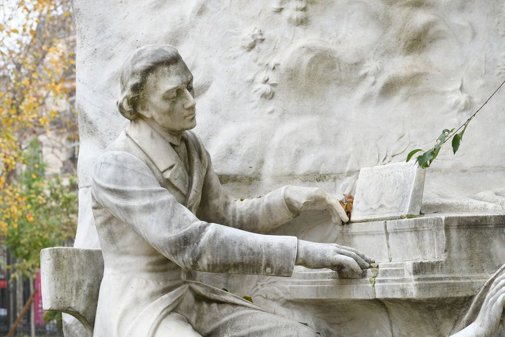 Marble statue of Frédéric Chopin seated at a piano, located in Parc Monceau, Paris. The sculpture includes intricate details of Chopin's focused expression and hands on the keyboard, with a background of carved floral motifs.