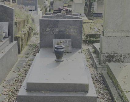 Nagrobek Leona Harczyka i Yvonne Pujol z inskrypcjami na prostokątnej steli. Na płycie ustawiona jest granitowa tabliczka z motywem słonecznika.