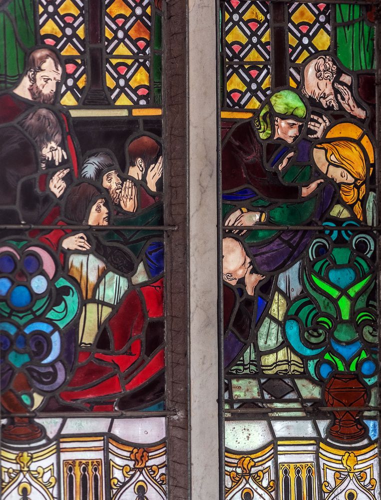Joseph Mehoffer's stained glass windows in the Grauer family chapel in Opava. The work shows figures in vivid colours with intricate floral and geometric patterns, illustrating themes of faith and spirituality.