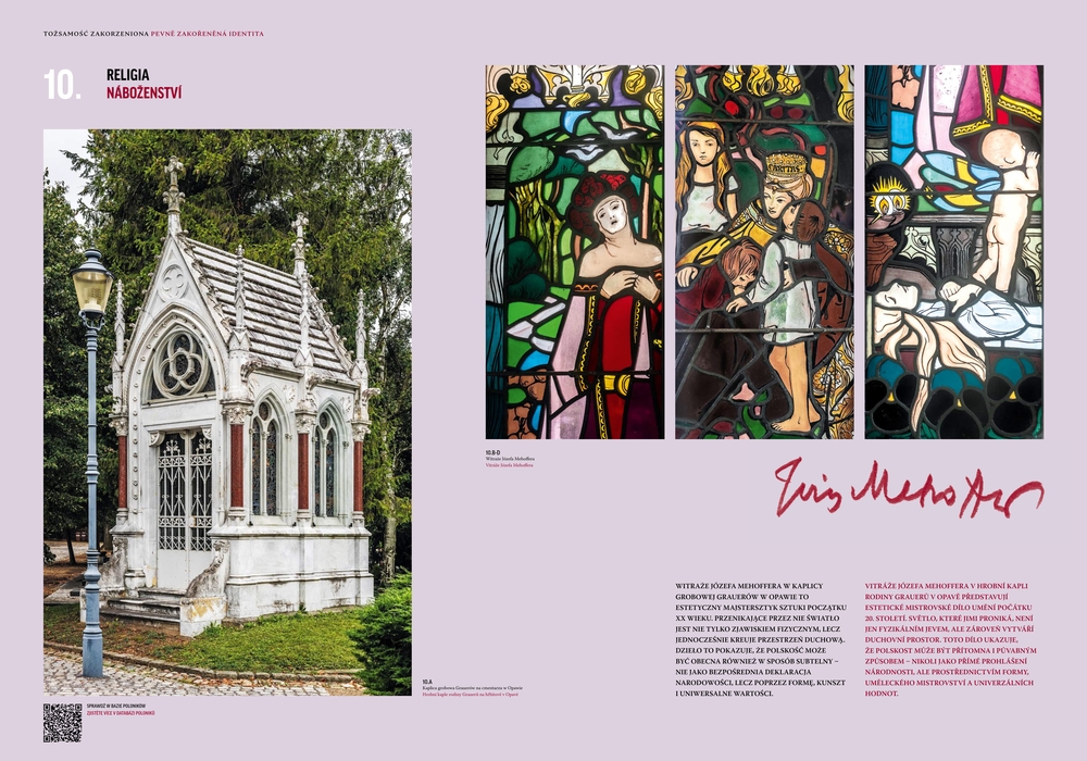 Jozef Mehoffer's stained glass windows in the Grauer family chapel in Opava, depicting early Polish Art Nouveau. The painting shows three detailed stained glass panels with symbolic and religious themes.