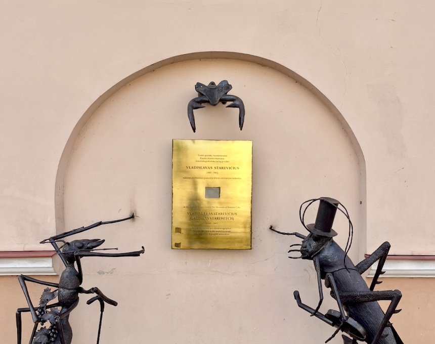 Plaque commemorating Władysław Starewicz on the wall of the Maironis Lithuanian Literature Museum in Kaunas. Two insect sculptures flank the plaque, with one wearing a top hat.