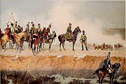 Fragment of the painting 'Panorama siedmiogrodzka' depicting Hungarian revolutionary troops, including Polish legions, on horseback near Sibiu in 1849.