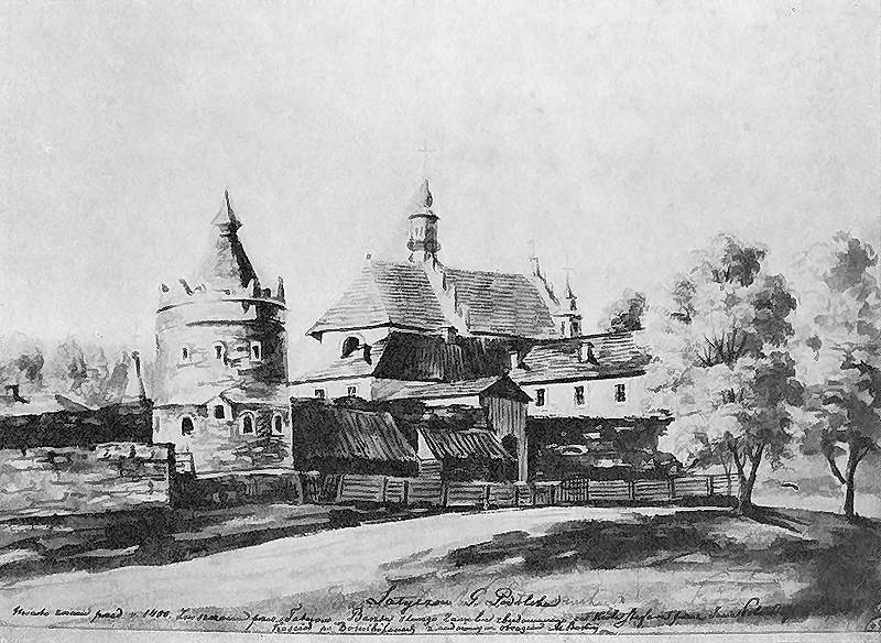 Drawing of the 16th-century Latyczów Castle with a round tower, wooden buildings, and trees in the foreground.