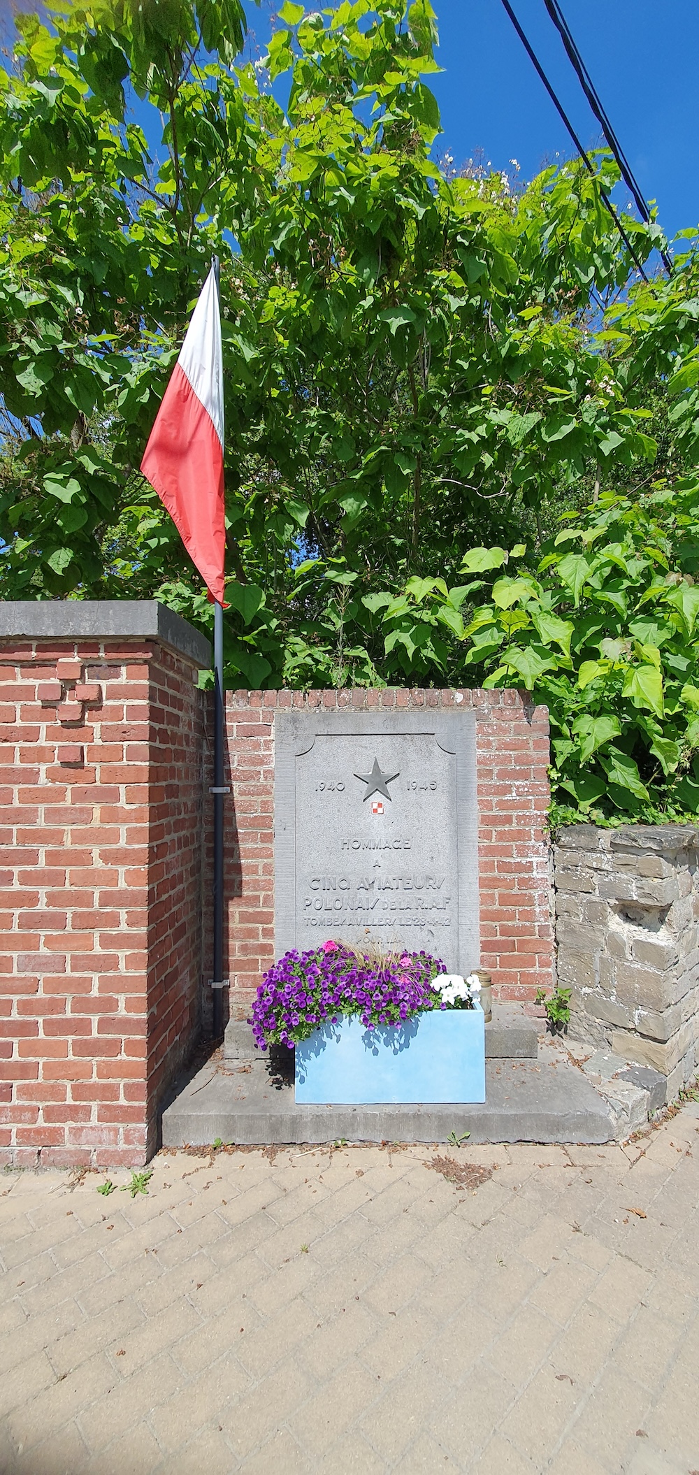 Monument à Villers-la-Ville commémorant cinq aviateurs polonais du 304e Escadron RAF. Comprend une plaque en pierre avec des inscriptions et un drapeau polonais. Entouré de verdure et de fleurs.