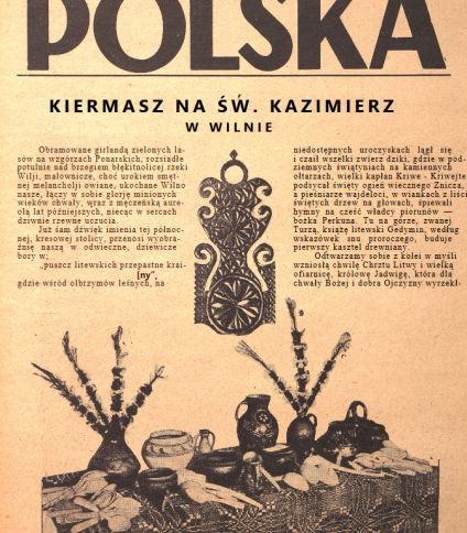 Okładka czasopisma 'Polska' z 8 marca 1938 roku, poświęcona kiermaszowi na św. Kazimierza w Wilnie. Zawiera elementy dekoracyjne i tradycyjne rzemiosło, takie jak koszyki i tkaniny.
