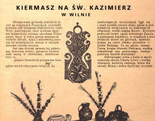 Okładka czasopisma 'Polska' z 8 marca 1938 roku, poświęcona kiermaszowi na św. Kazimierza w Wilnie. Zawiera elementy dekoracyjne i tradycyjne rzemiosło, takie jak koszyki i tkaniny.