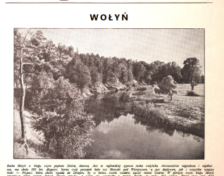 Okładka czasopisma 'Polska' z 5 kwietnia 1936 roku, poświęconego Wołyniowi. Zawiera zdjęcie krajobrazu rzeki Horyń otoczonej drzewami. Tytuł 'Wołyń' jest wyraźnie widoczny.