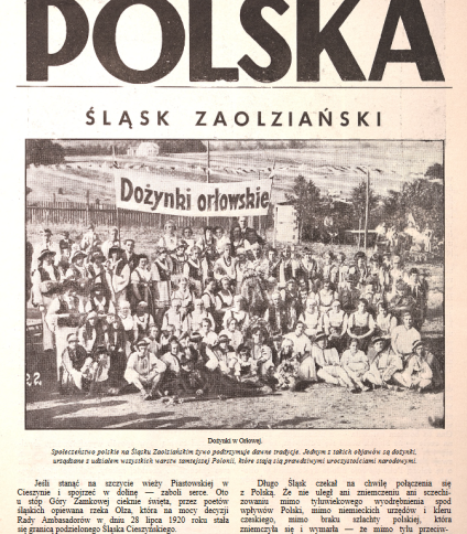 Okładka czasopisma 'Polska' z 11 października 1936 roku z tytułem 'Śląsk Zaolziański'. Poniżej czarno-białe zdjęcie grupy osób na dożynkach orłowskich.