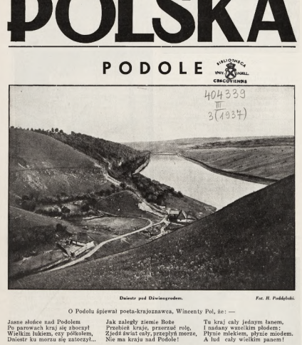 Okładka czasopisma 'Polska' z 3 stycznia 1937 roku, poświęcona Podolu. Zawiera czarno-białą fotografię Dniestru pod Dźwiniaczem, z otaczającymi wzgórzami i polami.