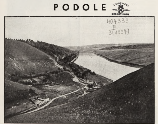 Okładka czasopisma 'Polska' z 3 stycznia 1937 roku, poświęcona Podolu. Zawiera czarno-białą fotografię Dniestru pod Dźwiniaczem, z otaczającymi wzgórzami i polami.