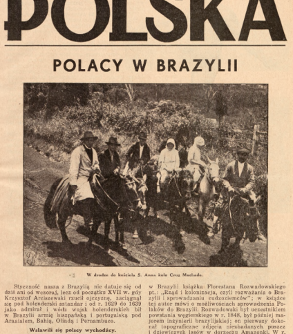 Okładka czasopisma 'Polska' z 1937 roku z tytułem 'Polacy w Brazylii' i czarno-białym zdjęciem osób na koniach w wiejskim otoczeniu.
