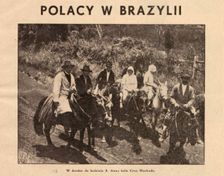Okładka czasopisma 'Polska' z 1937 roku z tytułem 'Polacy w Brazylii' i czarno-białym zdjęciem osób na koniach w wiejskim otoczeniu.