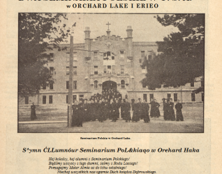 Okładka czasopisma 'Polska' z 1938 roku, poświęcona polskim seminariom w Orchard Lake i Erie. Zawiera zdjęcie budynku seminarium w Orchard Lake oraz wiersz dedykowany absolwentom.