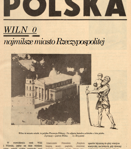 Okładka czasopisma 'Polska' z 14 sierpnia 1938 roku, poświęcona Wilnu. Zawiera zdjęcie lotnicze katedry wileńskiej i ilustrację św. Krzysztofa.