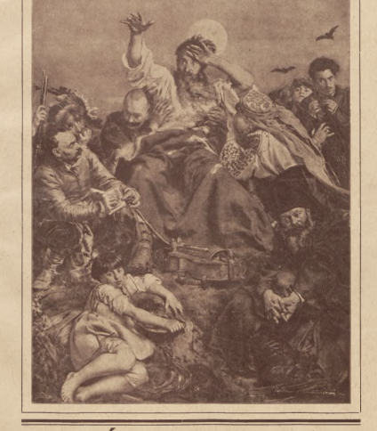 Okładka 'Wieści z Polski', październik-listopad 1928, przedstawiająca grupę osób w dramatycznych pozach, z centralną postacią unoszącą rękę. Scena otoczona nietoperzami na niebie.