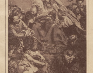 Okładka 'Wieści z Polski', październik-listopad 1928, przedstawiająca grupę osób w dramatycznych pozach, z centralną postacią unoszącą rękę. Scena otoczona nietoperzami na niebie.