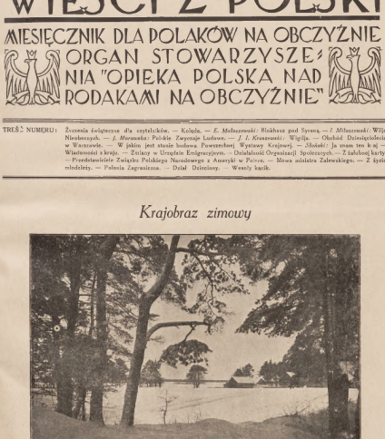 Okładka czasopisma 'Wieści z Polski' z grudnia 1928 roku, z emblematem orła i zdjęciem zimowego krajobrazu. Czasopismo dla Polaków za granicą.