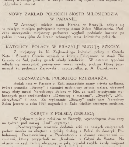 Strona z czasopisma 'Wieści z Polski' z 1929 roku, zawierająca artykuły o polskich społecznościach za granicą, w tym nowe szkoły katolickie w Brazylii i ukończenie pomnika Mickiewicza w Paryżu.