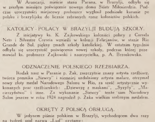 Strona z czasopisma 'Wieści z Polski' z 1929 roku, zawierająca artykuły o polskich społecznościach za granicą, w tym nowe szkoły katolickie w Brazylii i ukończenie pomnika Mickiewicza w Paryżu.