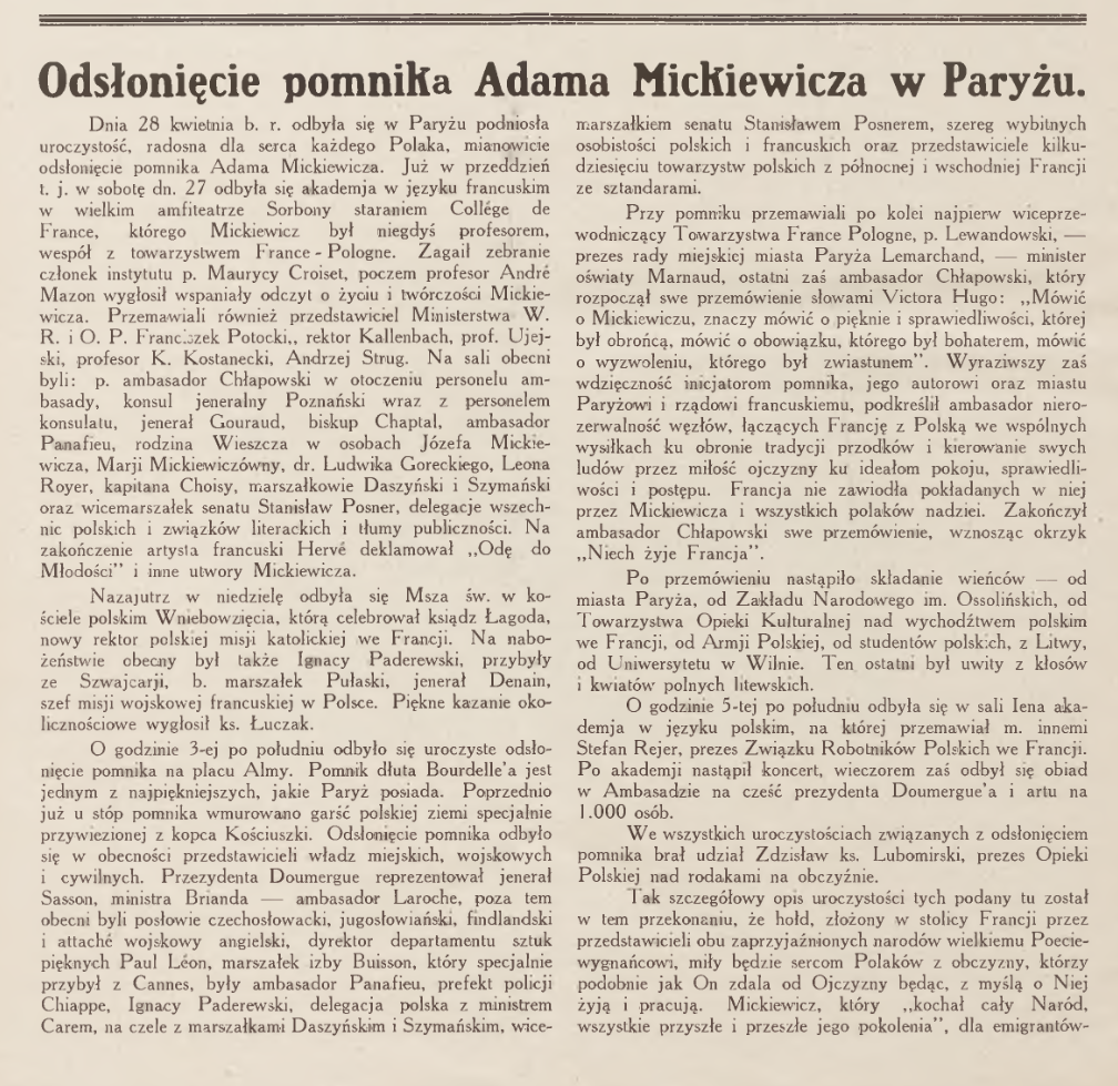 Photo showing Odsłonięcie pomnika A. Mickiewicza w Paryżu