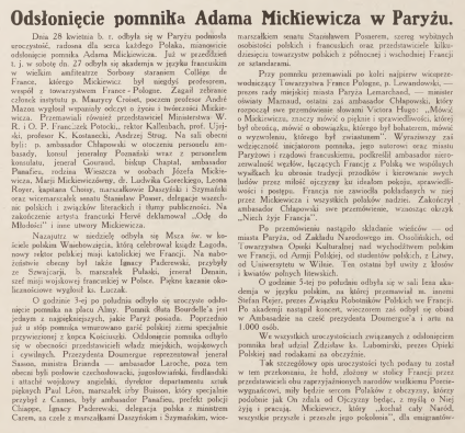 Strona artykułu z 'Wieści z Polski' opisująca uroczystość odsłonięcia pomnika Adama Mickiewicza w Paryżu, 1929. Zawiera szczegóły przemówień, specjalnej mszy i przebiegu wydarzenia.