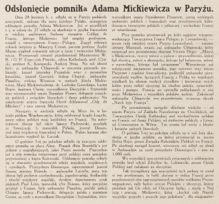 Strona artykułu z 'Wieści z Polski' opisująca uroczystość odsłonięcia pomnika Adama Mickiewicza w Paryżu, 1929. Zawiera szczegóły przemówień, specjalnej mszy i przebiegu wydarzenia.