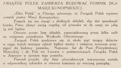 Strona z czasopisma 'Wieści z Polski', 1929, z artykułami o inicjatywie Związku Polek w USA dotyczącej budowy pomnika Marii Konopnickiej w Chicago oraz kwestiach uzyskania mieszkania i ziemi we Francji.