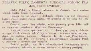 Strona z czasopisma 'Wieści z Polski', 1929, z artykułami o inicjatywie Związku Polek w USA dotyczącej budowy pomnika Marii Konopnickiej w Chicago oraz kwestiach uzyskania mieszkania i ziemi we Francji.
