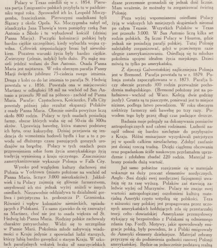 Strona z czasopisma 'Wieści z Polski' z 1929 roku, omawiająca warunki życia polskich imigrantów w Teksasie, w tym osady takie jak Panna Maria i St. Hedwig.