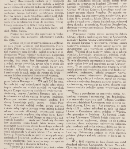 Strona z czasopisma 'Wieści z Polski' z artykułem o historii Uniwersytetu Wileńskiego, założonego przez Stefana Batorego w 1579 roku. Tekst omawia wybitne postacie związane z uczelnią.