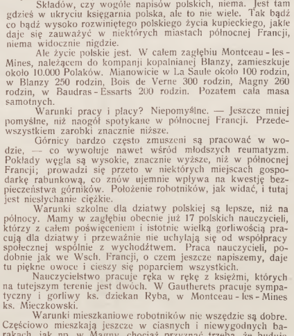 Strona z czasopisma 'Wieści z Polski' z 1930 roku, zawierająca artykuły o życiu Polaków w Montceau-Les-Mines, kwestiach mieszkaniowych, szkolnictwie oraz notę o pomniku gen. Bema na Węgrzech.