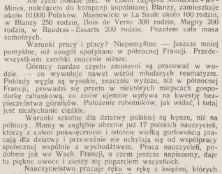 Strona z czasopisma 'Wieści z Polski' z 1930 roku, zawierająca artykuły o życiu Polaków w Montceau-Les-Mines, kwestiach mieszkaniowych, szkolnictwie oraz notę o pomniku gen. Bema na Węgrzech.
