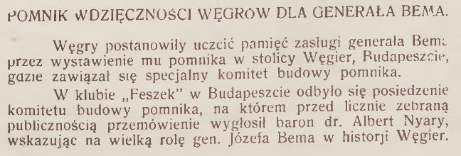 Photo montrant Z kronik polonijnych: Osadnictwo polskie we Francji, pomnik Bema na Węgrzech