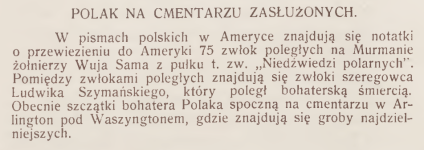 Strona z czasopisma 'Wieści z Polski' z 1930 roku, zawierająca artykuły o polskich imigrantach w Ameryce, w tym o Ludwiku Szymańskim, żołnierzu pochowanym w Arlington, oraz o polskiej społeczności w Ijuhy w Brazylii.