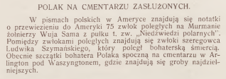 Strona z czasopisma 'Wieści z Polski' z 1930 roku, zawierająca artykuły o polskich imigrantach w Ameryce, w tym o Ludwiku Szymańskim, żołnierzu pochowanym w Arlington, oraz o polskiej społeczności w Ijuhy w Brazylii.