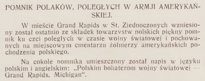 Strona z czasopisma 'Wieści z Polski', 1930, omawiająca pomnik Polaków poległych w armii amerykańskiej w Grand Rapids, Michigan, oraz inne wiadomości polonijne.