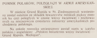 Strona z czasopisma 'Wieści z Polski', 1930, omawiająca pomnik Polaków poległych w armii amerykańskiej w Grand Rapids, Michigan, oraz inne wiadomości polonijne.
