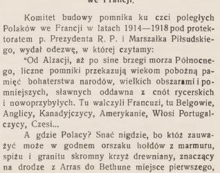 Strona z czasopisma 'Wieści z Polski' omawiająca inicjatywę budowy pomnika Polaków poległych we Francji w latach 1914-1918. Wspomina o pomniku Chaima Salomona, polskiego Żyda zaangażowanego w walkę o niepodległość Ameryki.