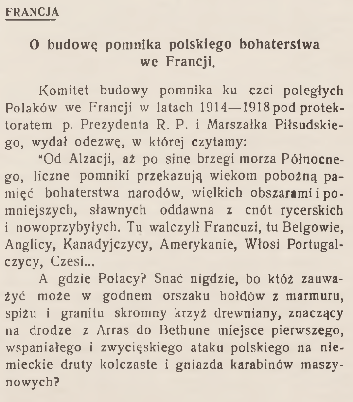 Fotografia przedstawiająca Z kronik polonijnych: pomnik polskiego bohaterstwa we Francji